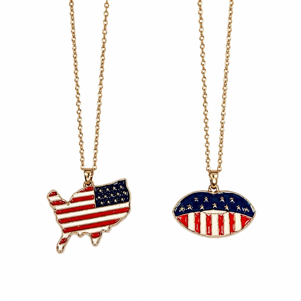 Patriotic American Map‎ Flag Lip Necklace Set Gold Tone Red White Blue Jewelry 2